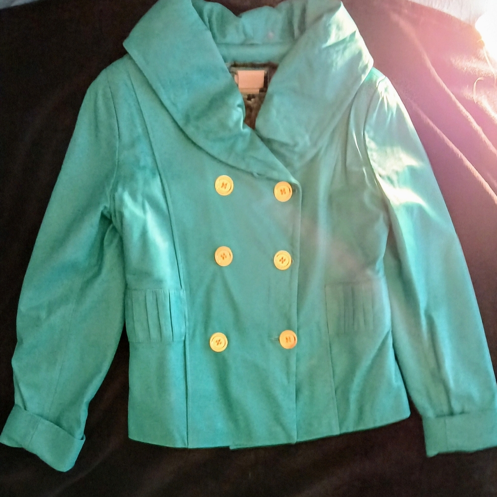 Genuine leather vibrant turquoise Image Leather jacket cropped w/ large collar